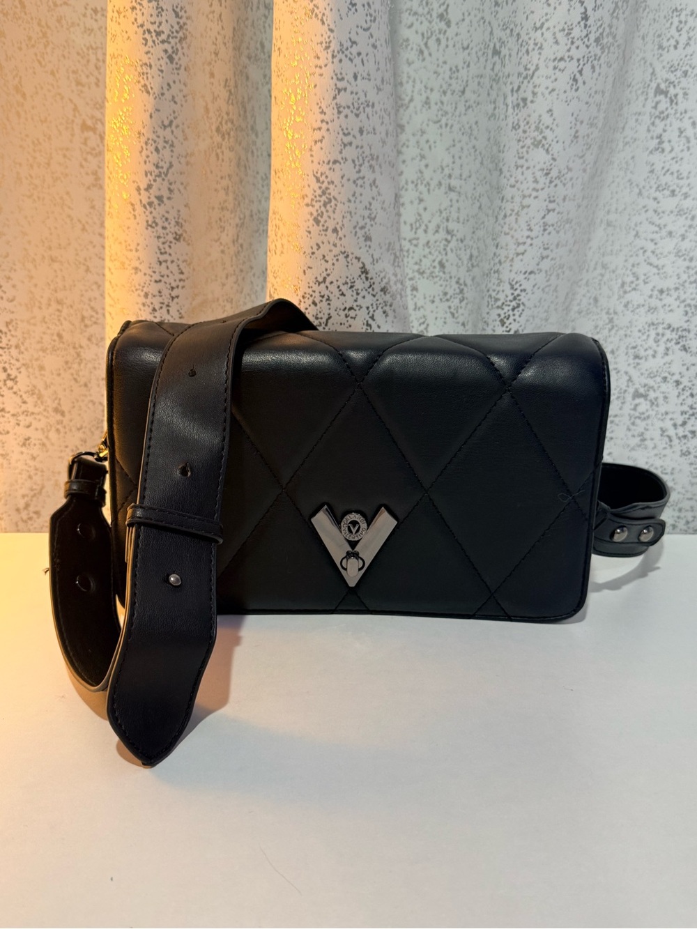 Valentino Orlandi Black Quilted Leather Crossbody with Silver Logo